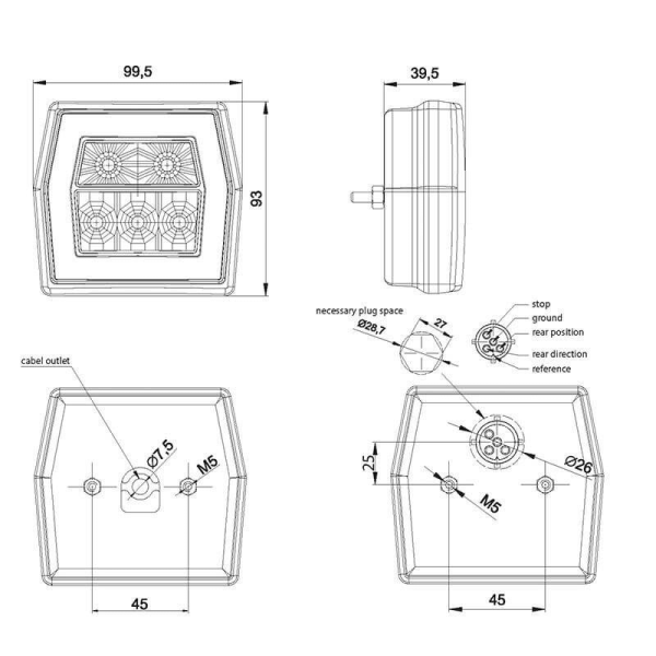 feu arrière LED baïonnette à 5 pôles universel à gauche et à droite (universel) 12/24 V Lavaflow