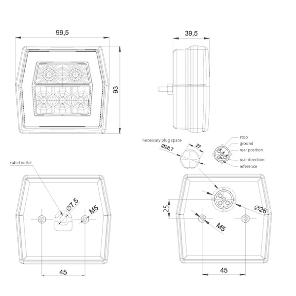 feu arrière LED baïonnette à 5 pôles universel à gauche et à droite (universel) 12/24V Lavaflow