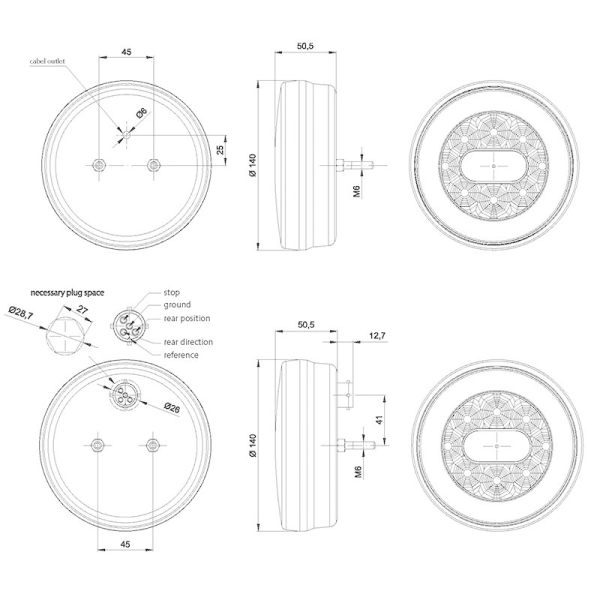 feu arrière LED câble universel à gauche et à droite (universel) 12/24V Lavaflow