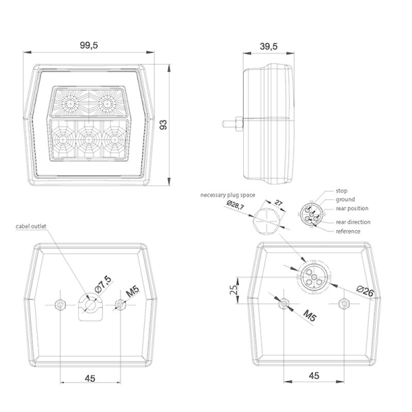 feu arrière LED câble universel à gauche et à droite (universel) 12/24V Lavaflow