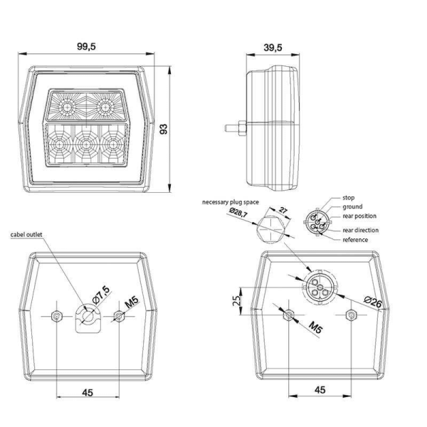 feu arrière LED câble universel à gauche et à droite (universel) 12/24V Lavaflow