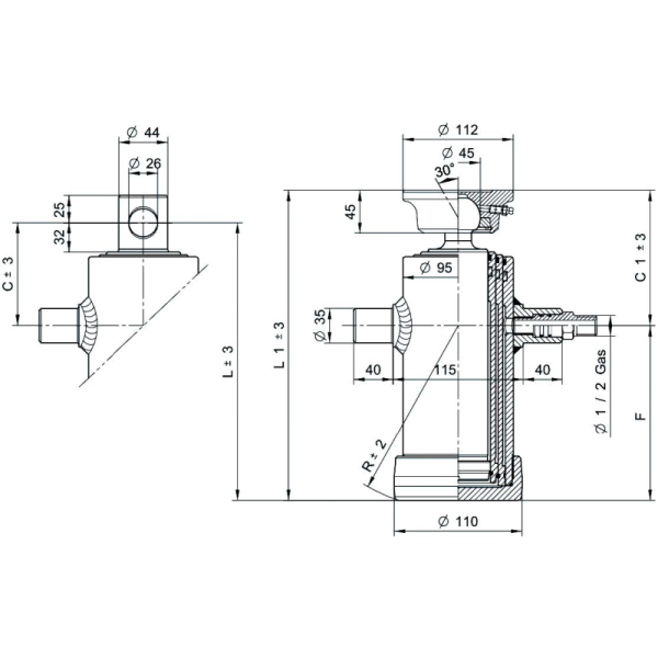 kit de vérins de levage galvanisés 2036Q 5 tonnes, course 1043 mm, 3 étages + vis sans fin galvanisée, bague cardan, œillets ...