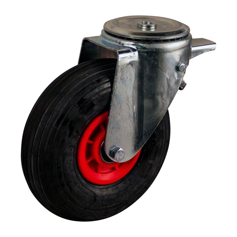 roulette pivotante avec frein 3.00-4 2.10x4 ET0 NL75mm plastique V-5501 Rouge 91 montage de la plaque roulement à rouleaux