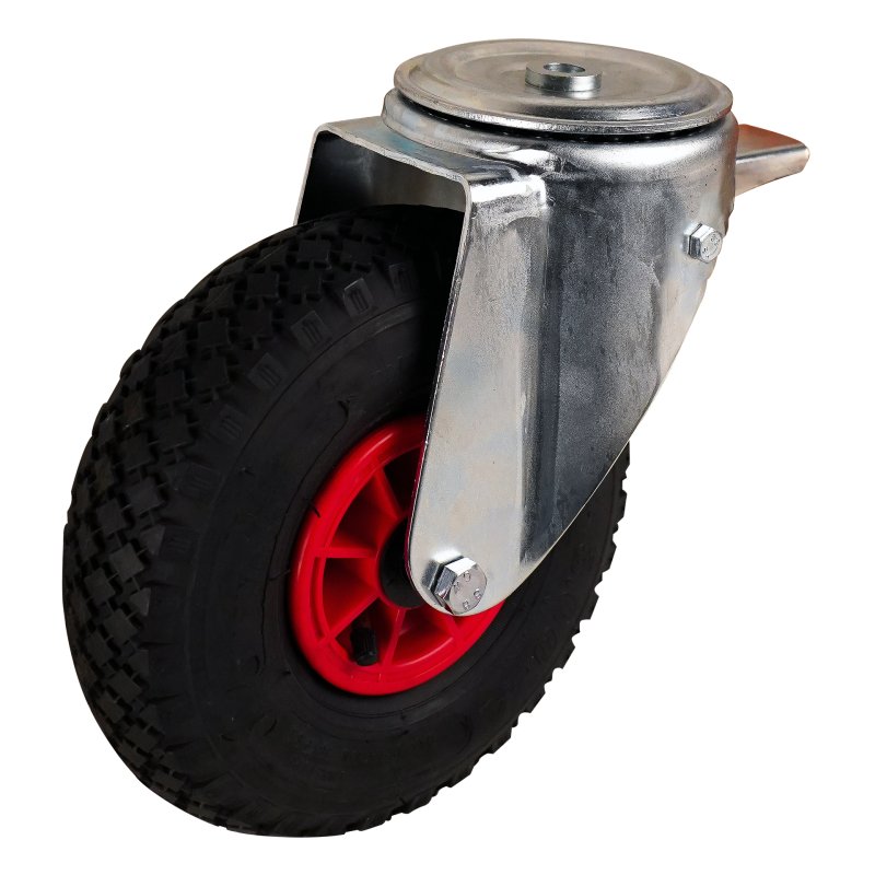 roulette pivotante avec frein 3.00-4 2.10x4 ET0 roulement à rouleaux Ø20 NL75mm plastique V-6605 Rouge 91 montage de la plaque r
