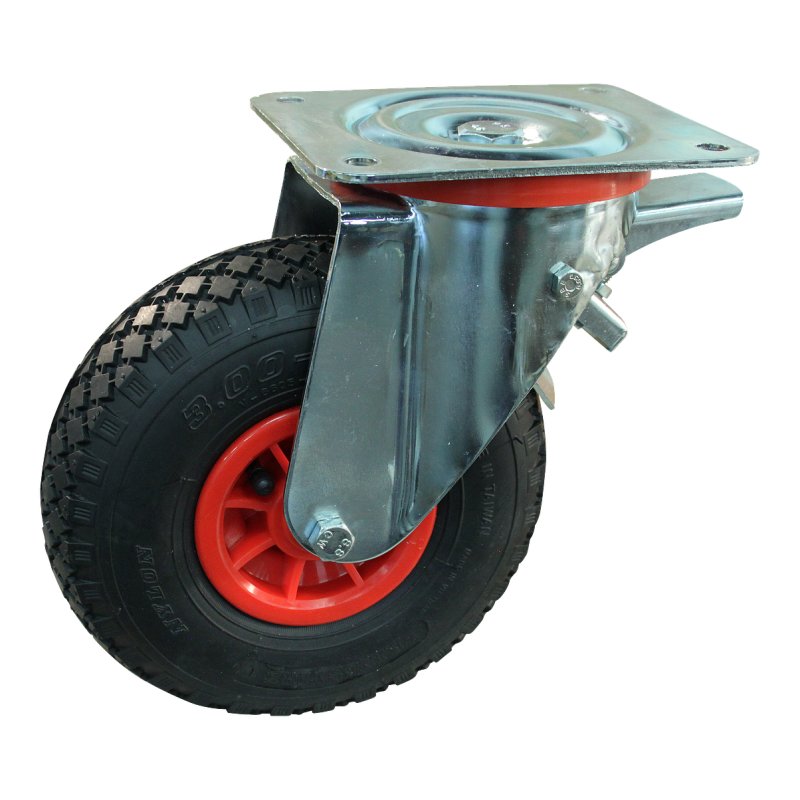 roulette pivotante avec frein 3.00-4 2.10x4 ET0 roulement à rouleaux Ø20 NL75mm plastique S-2303 Rouge 91 montage de la plaque r