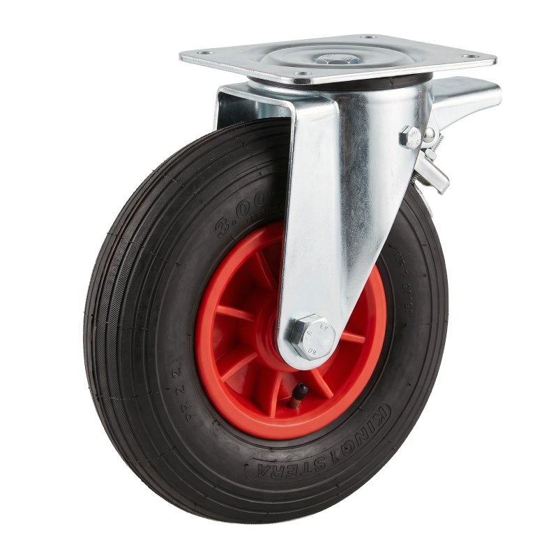roulette pivotante avec frein 3.00-4 2.10x4 ET0 roulement à rouleaux Ø20 NL75mm plastique S-2301 Rouge 91 montage de la plaque r