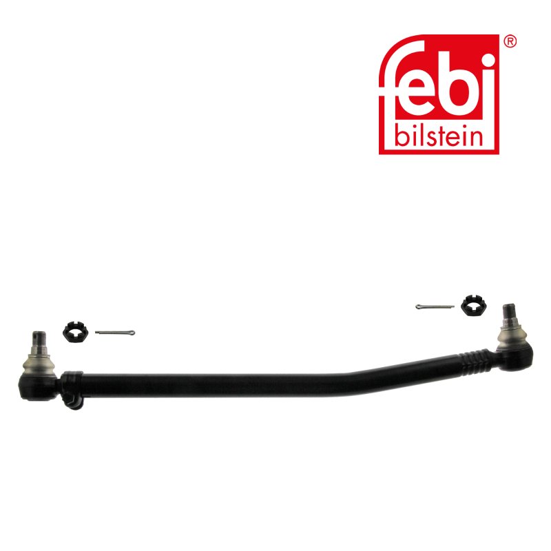 Barre de direction avec contre-écrous et goupilles fendues, entre le boîtier de direction et le premier essieu avant