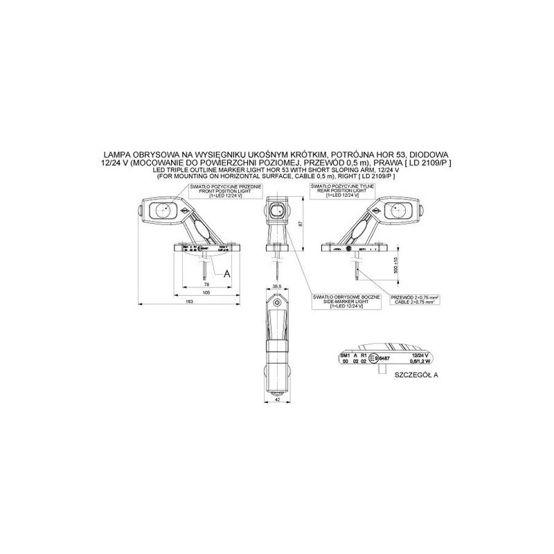 barre de gabarit LED gauche rouge-blanc-ambre 12-24V 50cm de cable