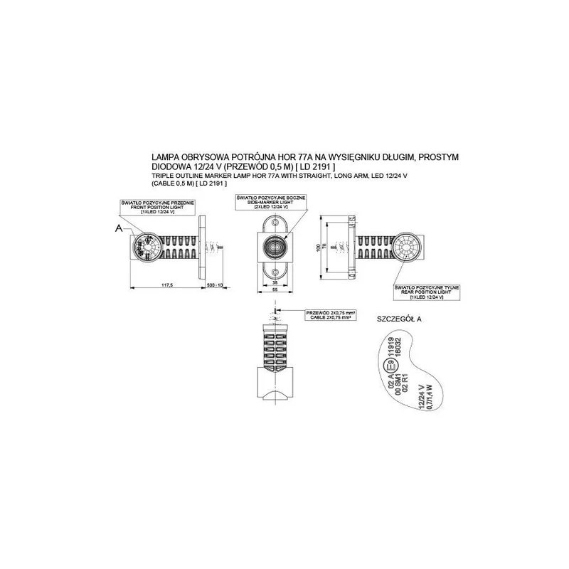 barre de gabarit LED de rouge-blanc-ambre | 12-24V | 50cm. de cable