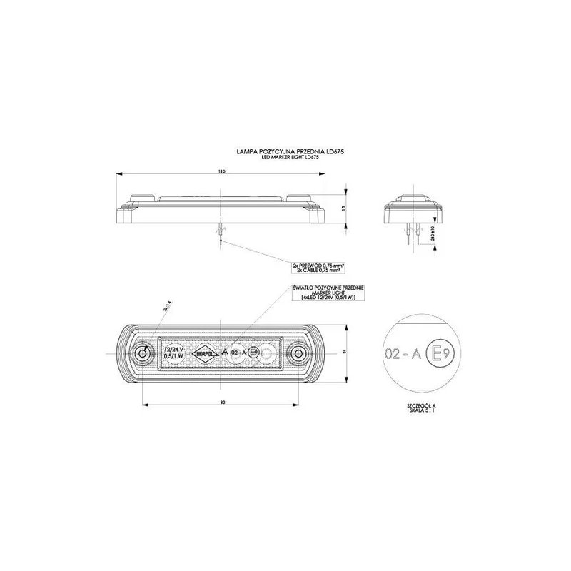 Feu de position LED blanc | 12-24V | 50cm. cable
