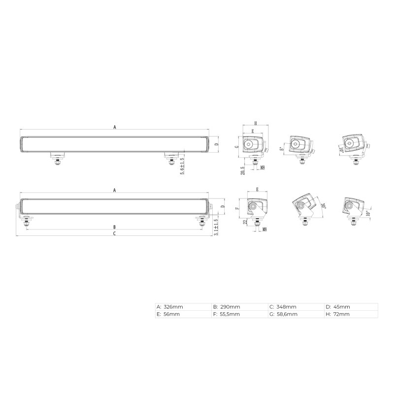 LED lightbar Stratos 326mm | incl. R65 flitser | wit-amber DRL