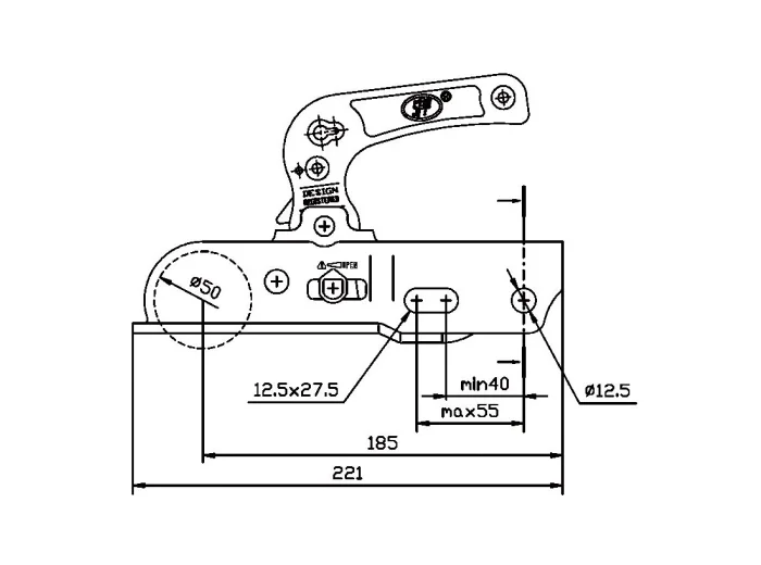 Tête attelage freinée 2300 kg pour timon rond 35/40/45/50mm