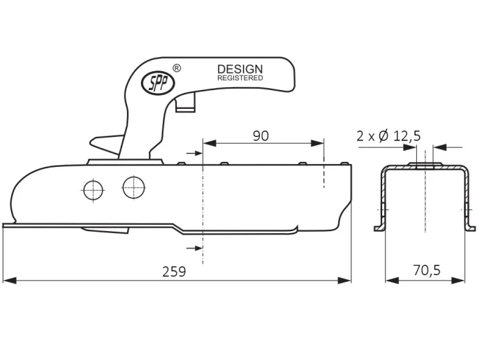 Tête d'attelage non freinée pour timon 70 mm PTAC 750kg