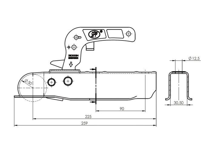 Tête d'attelage non freinée pour timon 30 mm PTAC 750kg